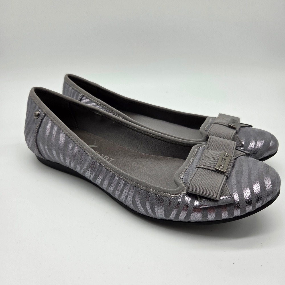 Anne Klein Sport AK Almaz Flats Womens 9M Silver Metallic Zebra Print Bow Shoes